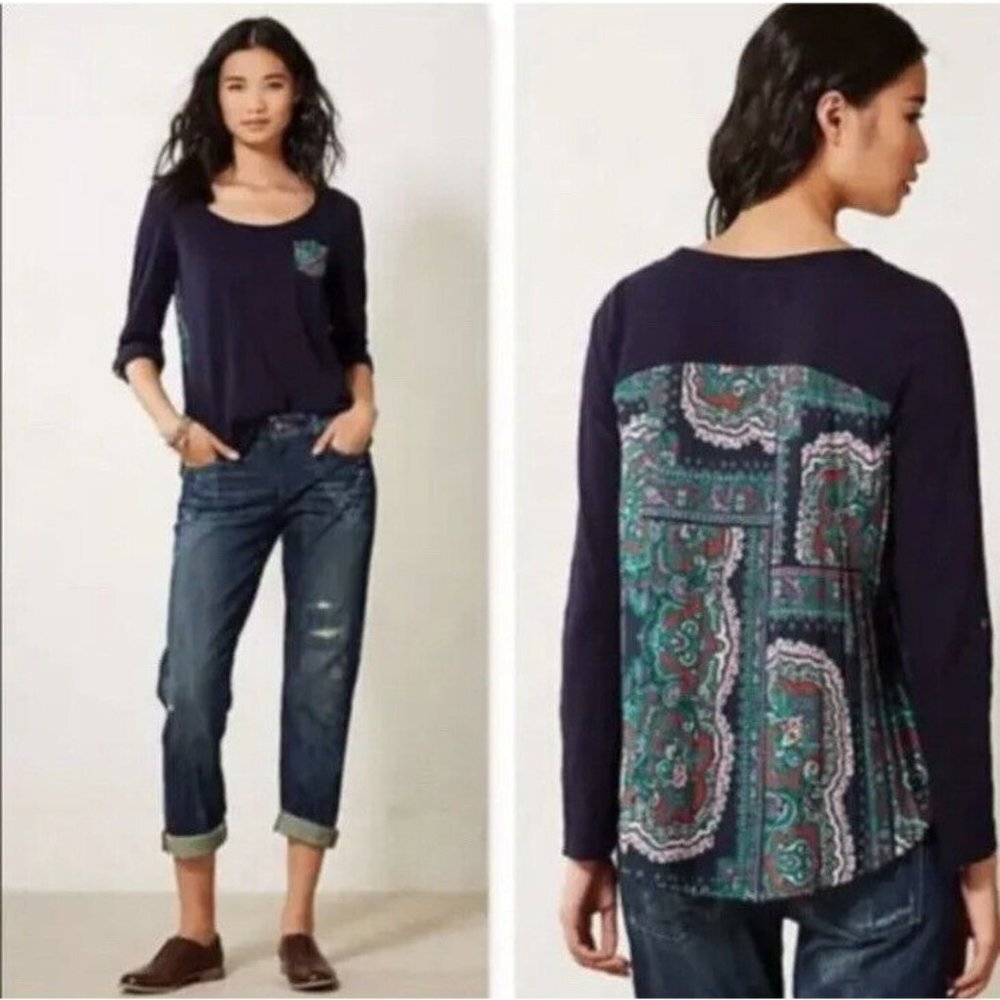 Navy Blue Women's Top with Paisley Accents - Picture 3 of 11
